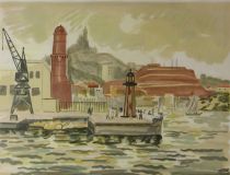 tableau Le port de Marseille   marine,personnage,ville  estampe papier 1re moiti 20e sicle