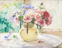 tableau Vase fleuris de roses Drumaux Angelina fleurs,nature morte  huile toile 1re moiti 20e sicle