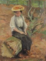 tableau La femme au chapeau   paysage,personnage,sous-bois  huile toile 2ime moiti 20e sicle