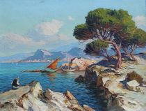 tableau Bord de Mditerrane  Vidal Gustave  marine,paysage,paysage marin,personnage  huile toile 1re moiti 20e sicle