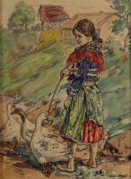 tableau La gardienne d'oies    animaux,personnage,scne rurale  aquarelle papier 1re moiti 20e sicle