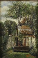 tableau La maison du fond du jardin Willemsen  paysage  huile panneau 1re moiti 20e sicle