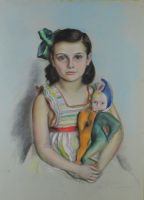 tableau Jeune fille  la poupe Oser Elisabeth portrait  pastel papier 1re moiti 20e sicle