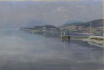 tableau Lac de Neuchtel Peillon Alice paysage,paysage marin  pastel papier 2ime moiti 20e sicle