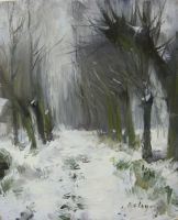 tableau Les saules en hiver Betigny Ernest paysage  huile carton 1re moiti 20e sicle