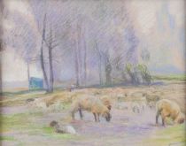 tableau Le troupeau de moutons Darbour  animaux,paysage  pastel papier 1re moiti 20e sicle