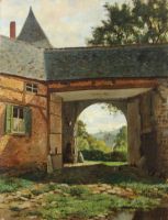 tableau Le porche de la ferme Quitton Edouard paysage,scne rurale  huile panneau 1re moiti 20e sicle
