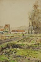 tableau Sur le chemin de la maison Rimbout Emile paysage,personnage  aquarelle papier 1re moiti 20e sicle