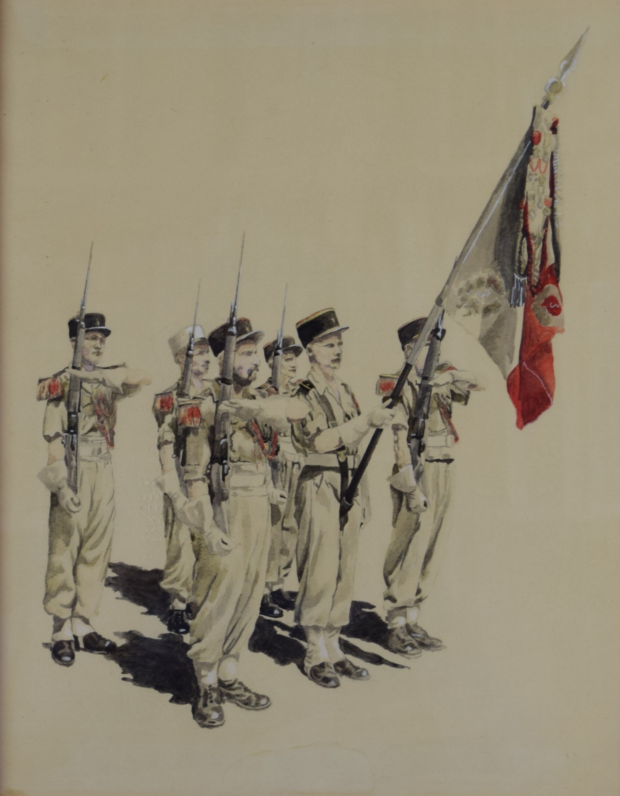 tableau Lever des couleurs   militaire  aquarelle soie 2ime moiti 20e sicle