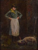 tableau La fermire et son cochon Billet Pierre animaux,personnage,scne rurale  huile toile 1re moiti 20e sicle