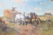 tableau Travail aux champs Schouten Henry animaux,paysage,personnage,scne rurale  huile toile 1re moiti 20e sicle