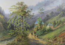 tableau Premier btiments de pourvoirie de la Chartreuse Knip Henri (Hendrick Johannes) paysage,personnage  gouache papier 19e sicle