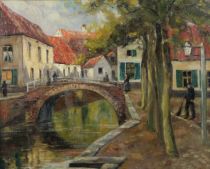tableau Bruges le pont anim De Wit  ville  huile toile 1re moiti 20e sicle