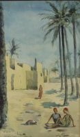 tableau Laghourt (sud Algrie) Flasschoen Gustave orientaliste,personnage,village,africaniste  aquarelle papier 19e sicle