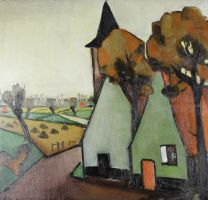 tableau L'glise du village Van Assche Pol (Lopold) paysage,religieux,village  huile panneau 1re moiti 20e sicle