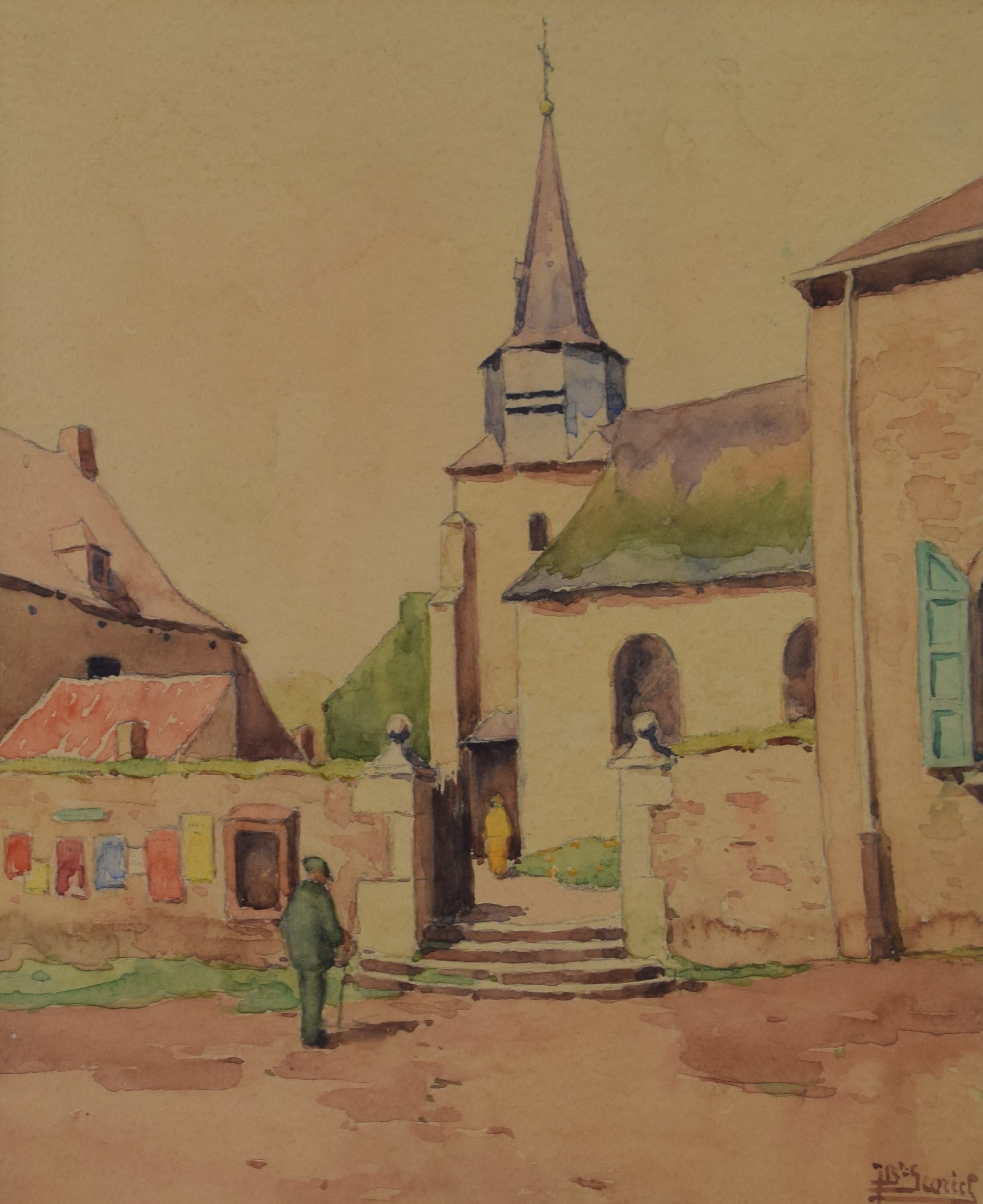 tableau L'glise de Dave Scoriel Jean-Baptiste paysage,village  aquarelle papier 2ime moiti 20e sicle