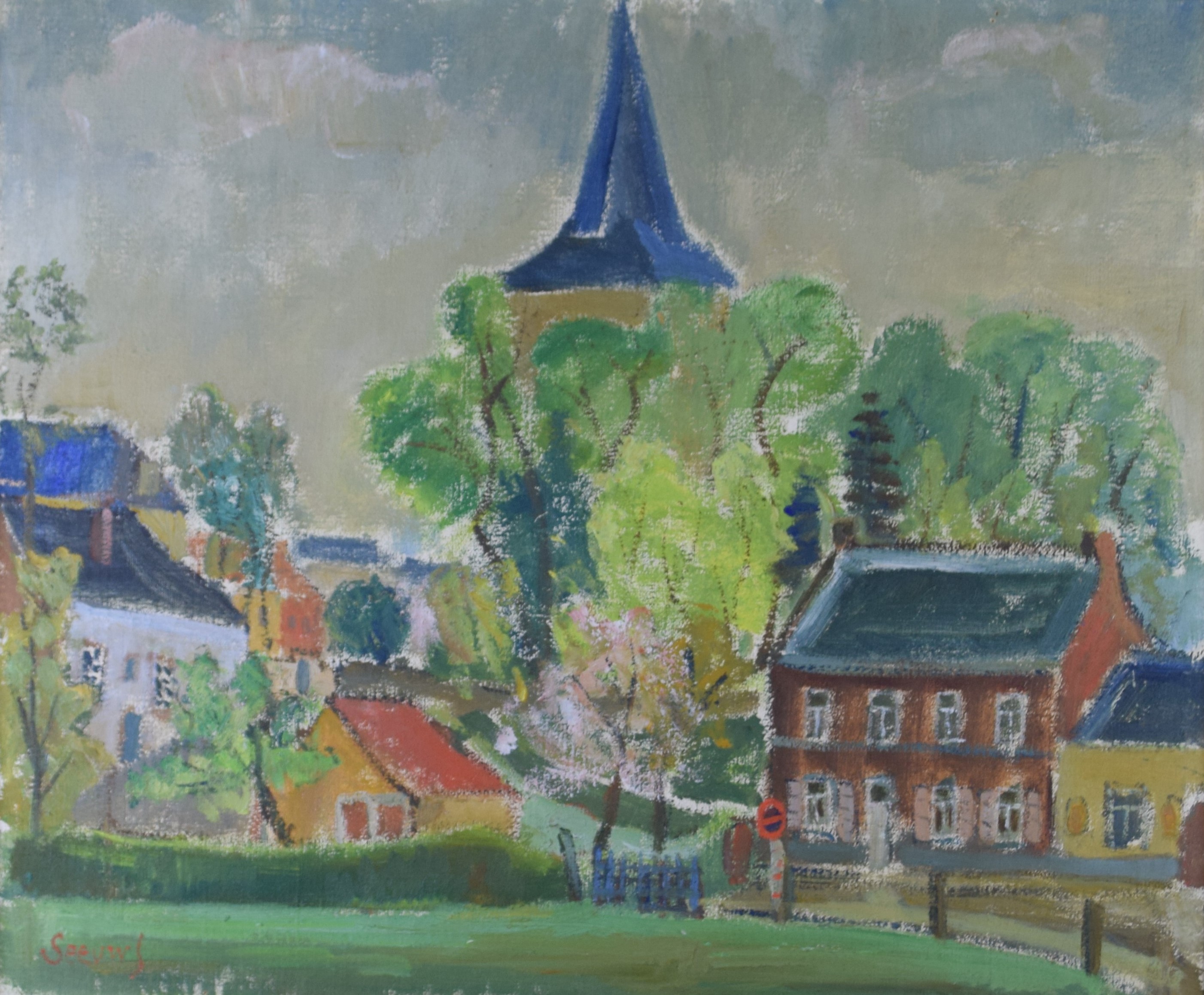 tableau Primtemps  Ohain Seeuws Jos paysage,village  huile toile 2ime moiti 20e sicle