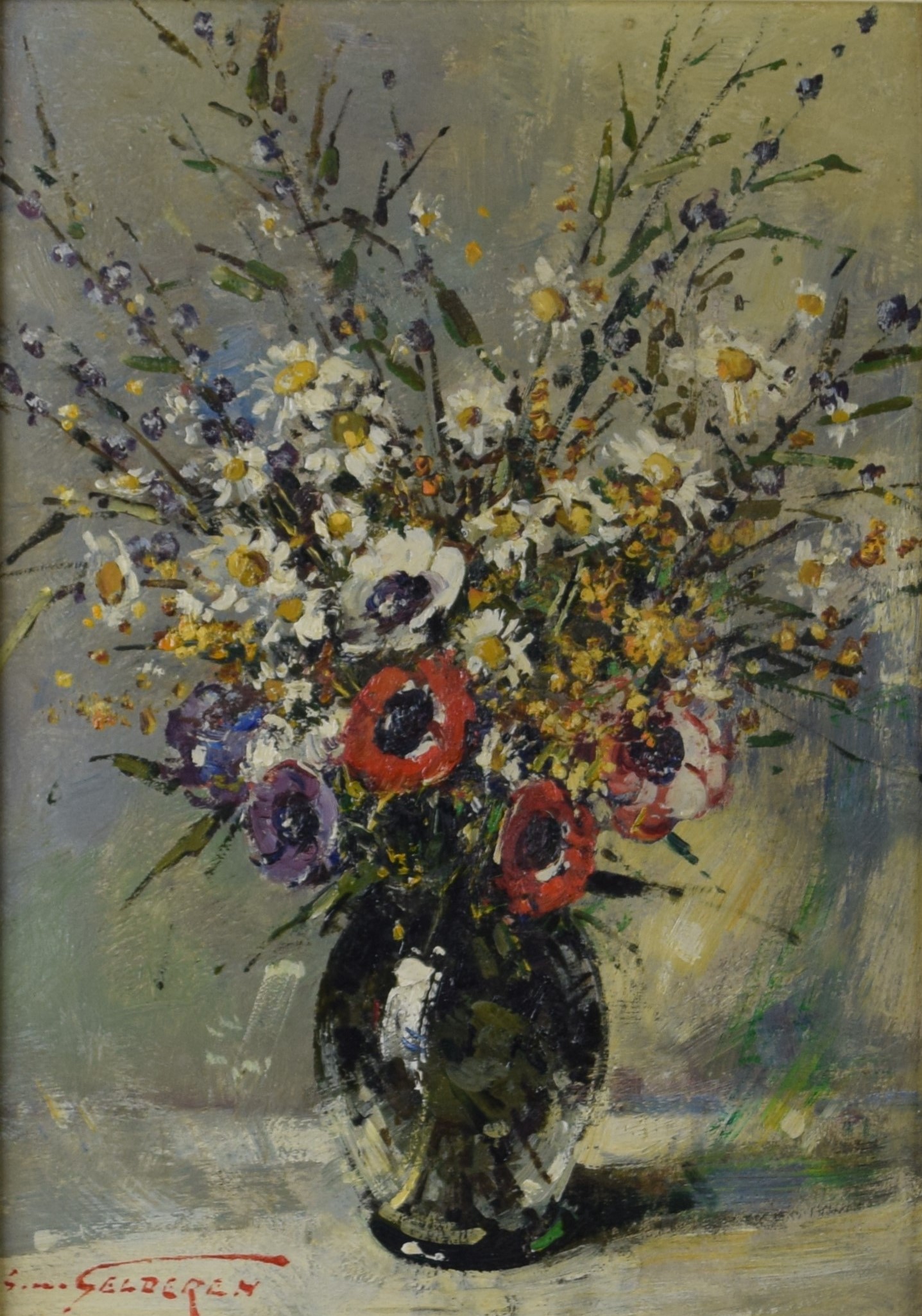 tableau Fleures des champs Van Gelderen Simon fleurs,nature morte  huile isorel 2ime moiti 20e sicle