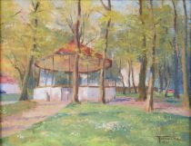 tableau Place d'Ohain et son kiosque    paysage,village  huile carton 2ime moiti 20e sicle