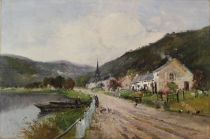 tableau Bord de Meuse   paysage,scne rurale,village  huile toile 1re moiti 20e sicle