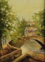 tableau Le petit pont  Bruges   ville  huile toile 2ime moiti 20e sicle