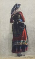 tableau Femme au foulard  Dell'Acqua Csar personnage  aquarelle papier 19e sicle