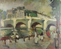 tableau Le pont neuf emball Duong Cam Chuong personnage,ville  huile toile 2ime moiti 20e sicle