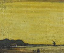 tableau Paysage au chien et moulin Smits Jakob animaux,paysage,moulin  huile panneau 1re moiti 20e sicle