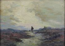 tableau Promenade dans les polders Devos Albert Isidore paysage,personnage  huile toile 1re moiti 20e sicle