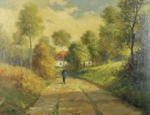 tableau Sur le chemin du retour  Verschaffelt Edouard paysage,personnage  huile toile 1re moiti 20e sicle