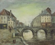 tableau Le petit pont Van Moer Jean-Baptiste personnage,ville  huile panneau 19e sicle