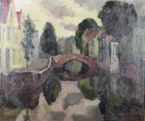 tableau Pont  Bruges  Leclercq Victor paysage,village  huile toile 1re moiti 20e sicle