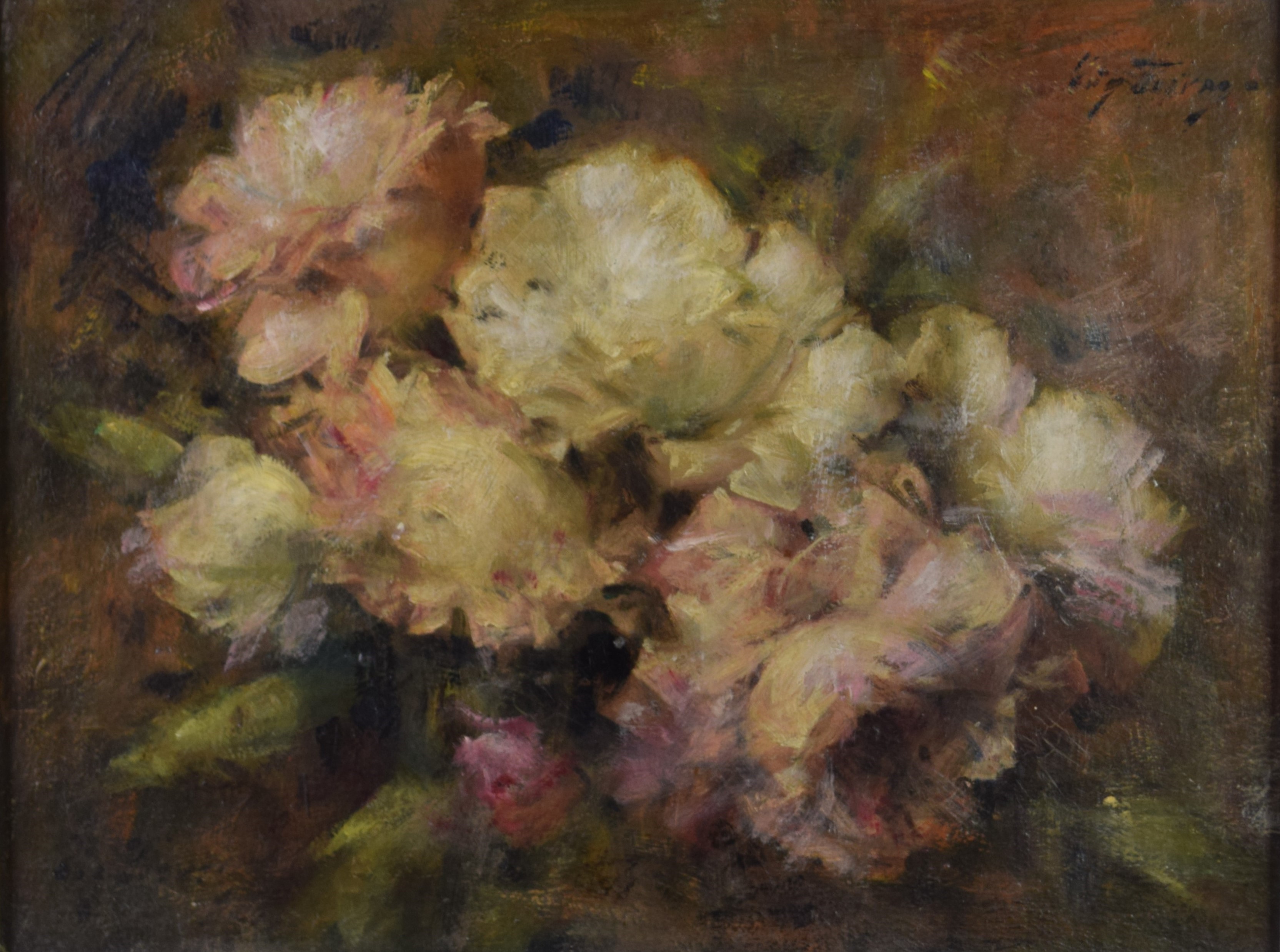 tableau Pivoines   fleurs,nature morte  huile isorel 1re moiti 20e sicle