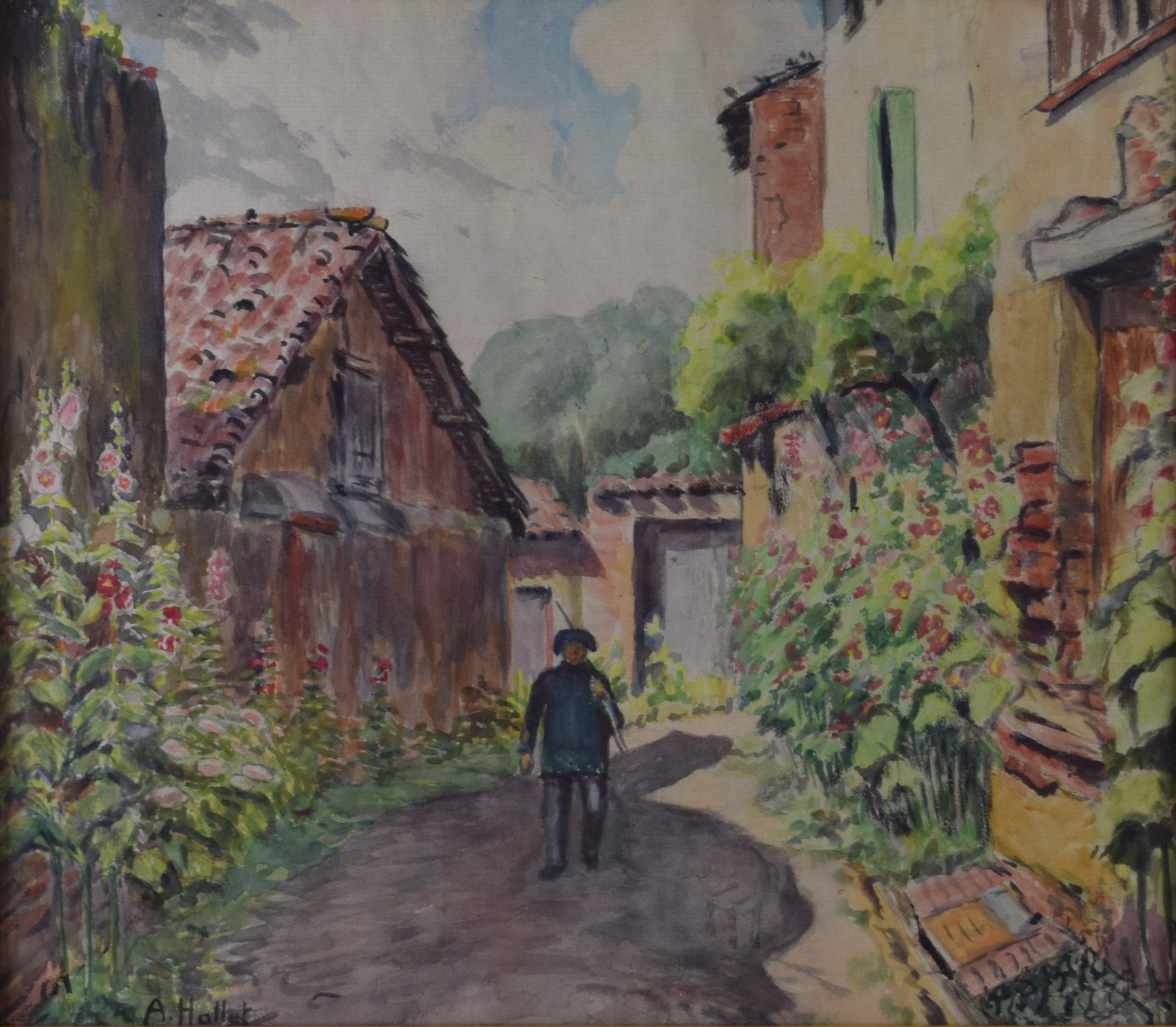 tableau Le chemin fleuri  Hallet Andr fleurs,personnage  aquarelle papier 