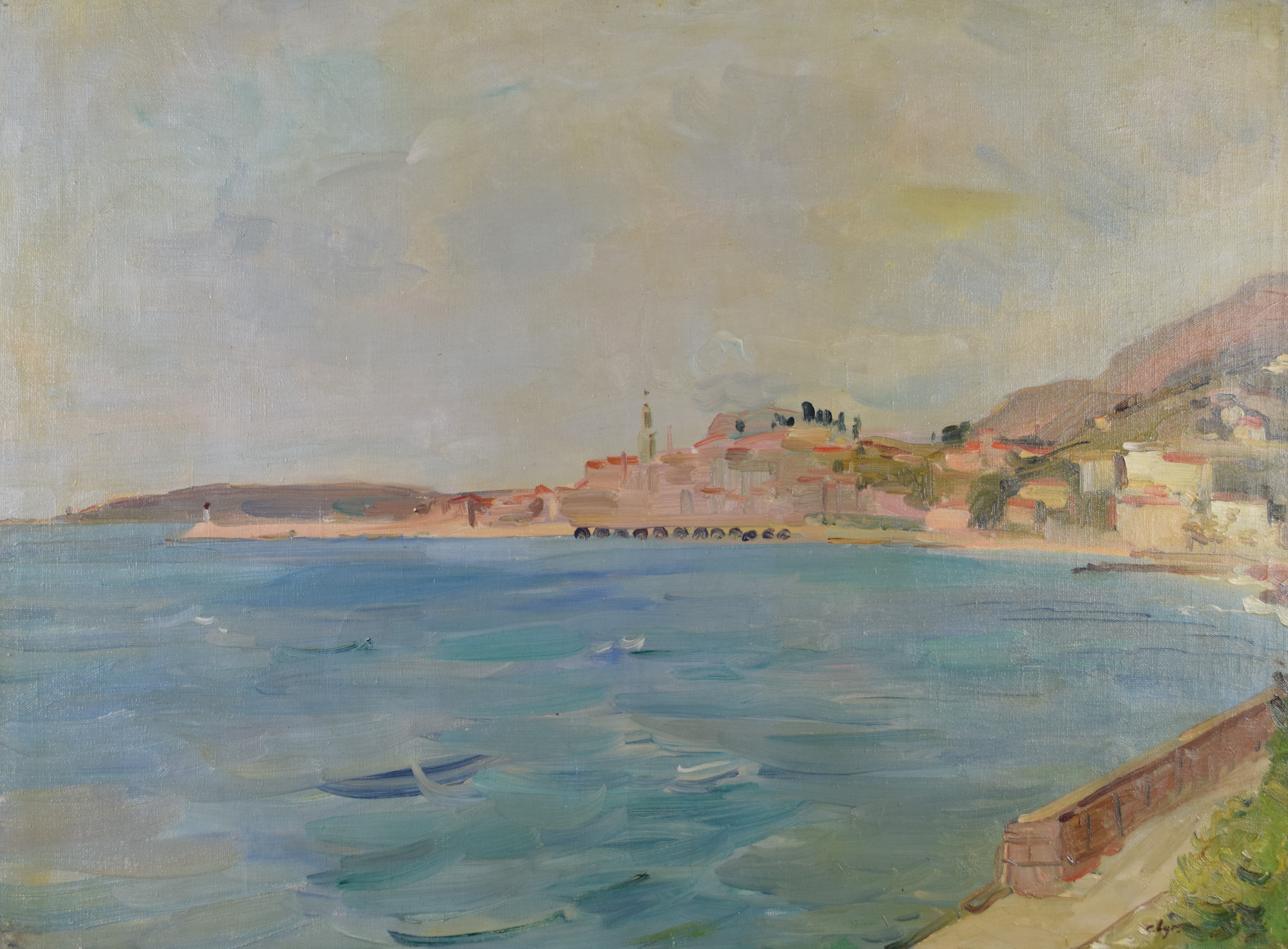 tableau Menton (vue prise de Garavan) Lyr Claude paysage,ville  huile toile 1re moiti 20e sicle