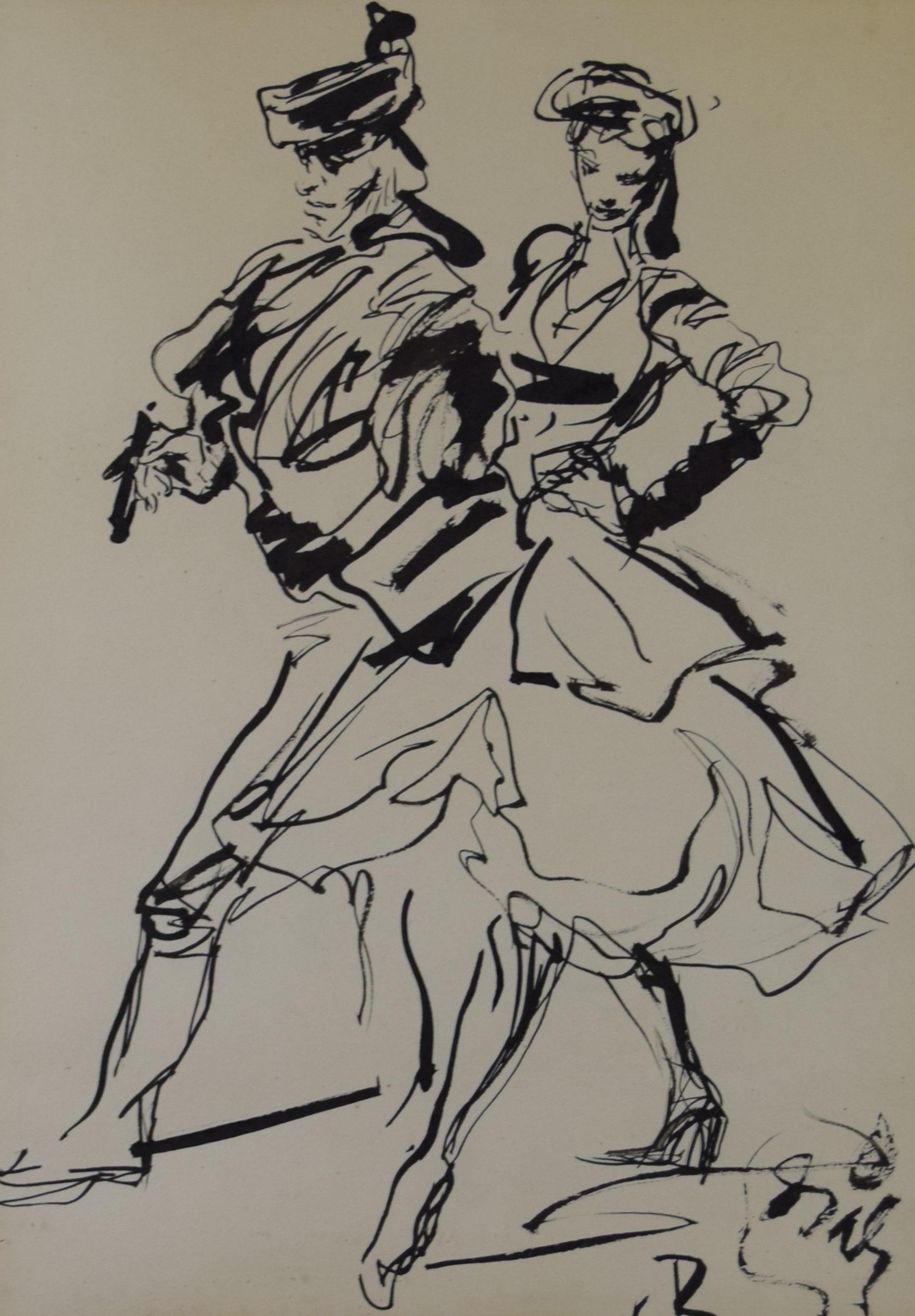 tableau Le couple de  danseurs   personnage  encre papier 2ime moiti 20e sicle