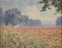 tableau Le champs de coquelicots    fleurs,paysage  aquarelle papier 1re moiti 20e sicle
