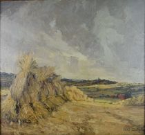 tableau Aprs la moisson  Van De Casteele Auguste paysage,village  huile panneau 1re moiti 20e sicle