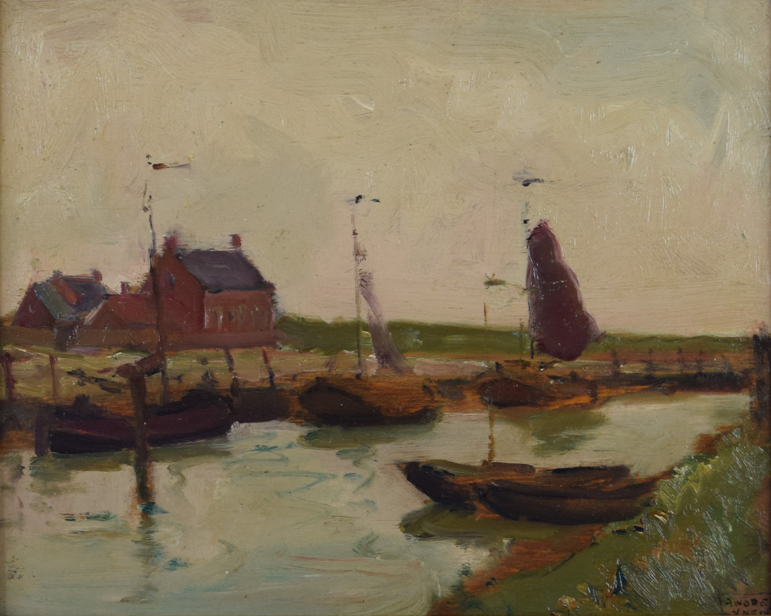 tableau Les bateaux sur le canal  Paal Lynen Andr marine,paysage  lavis panneau 1re moiti 20e sicle