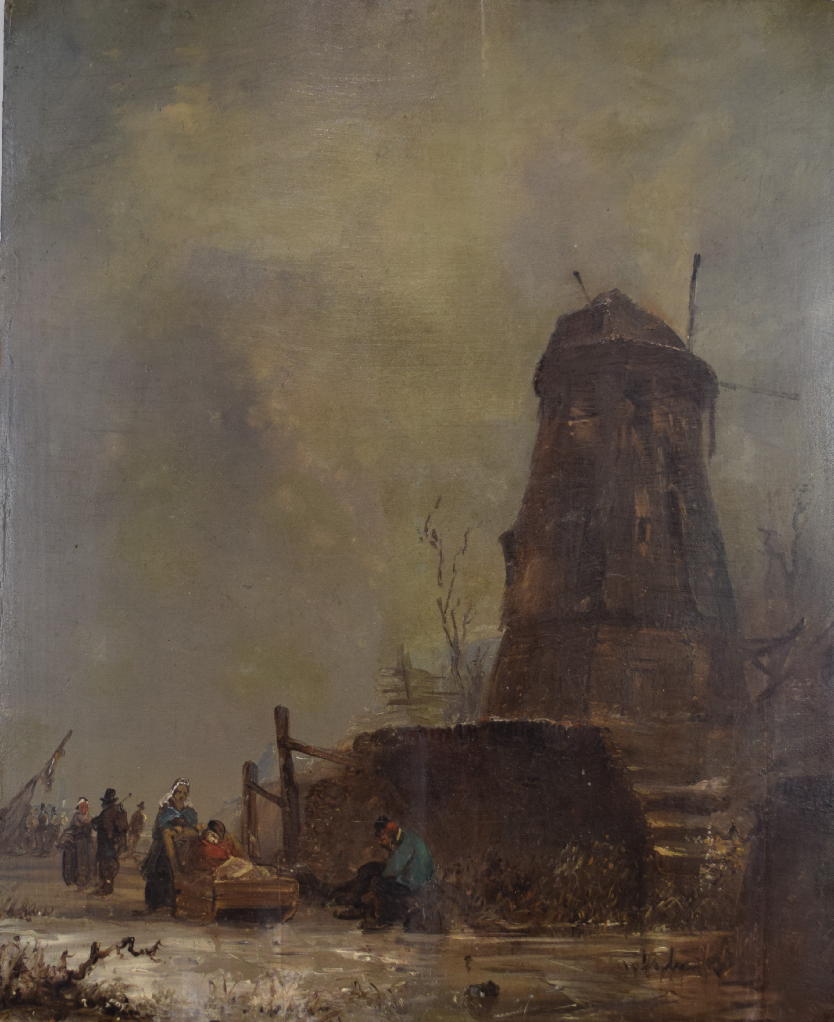 tableau Le moulin aux patineurs   marine,personnage  huile panneau 19e sicle