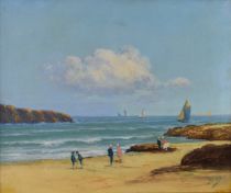 tableau Promenade  sur la plage Brun  marine,paysage,personnage  huile toile 1re moiti 20e sicle