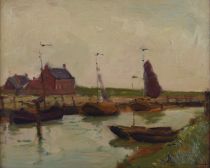tableau Les bateaux sur le canal  Paal Lynen Andr marine,paysage  lavis panneau 1re moiti 20e sicle