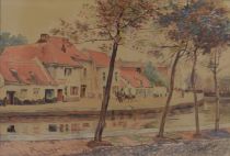 tableau Le canal Leroy L marine,village  aquarelle papier 1re moiti 20e sicle