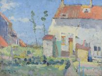 tableau Jeu de lumire sur la ferme Merckaert Jules paysage,village  huile panneau 1re moiti 20e sicle