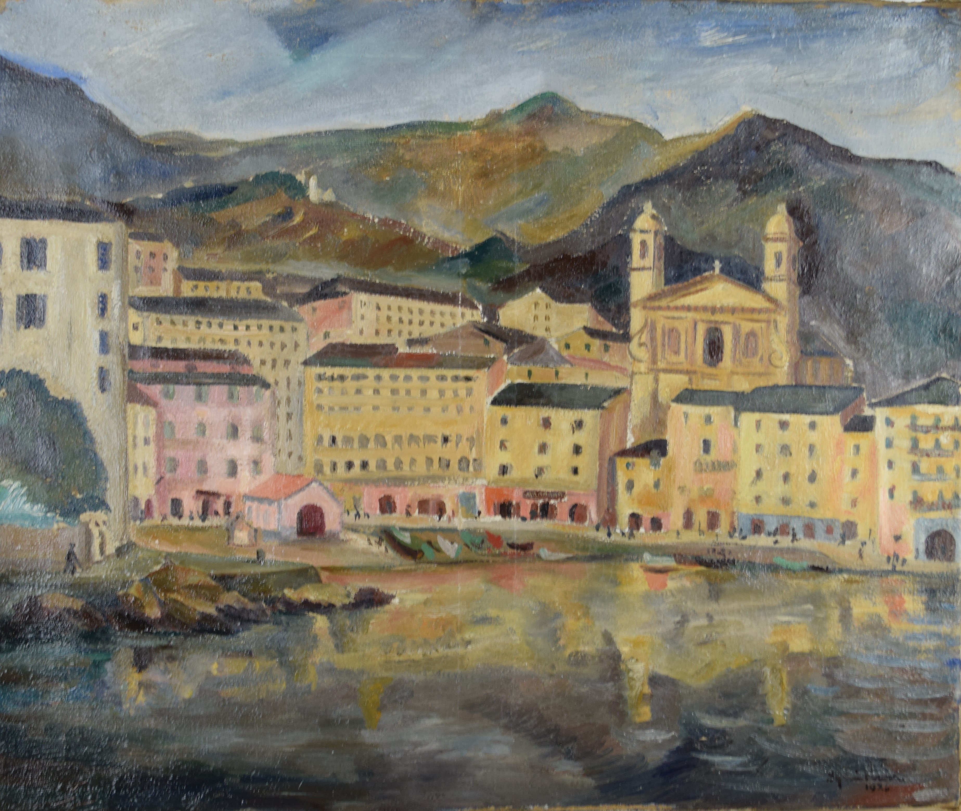 tableau Vue du port de Bastia  Feron-Bauchier Sylvie marine,ville  huile toile 1re moiti 20e sicle