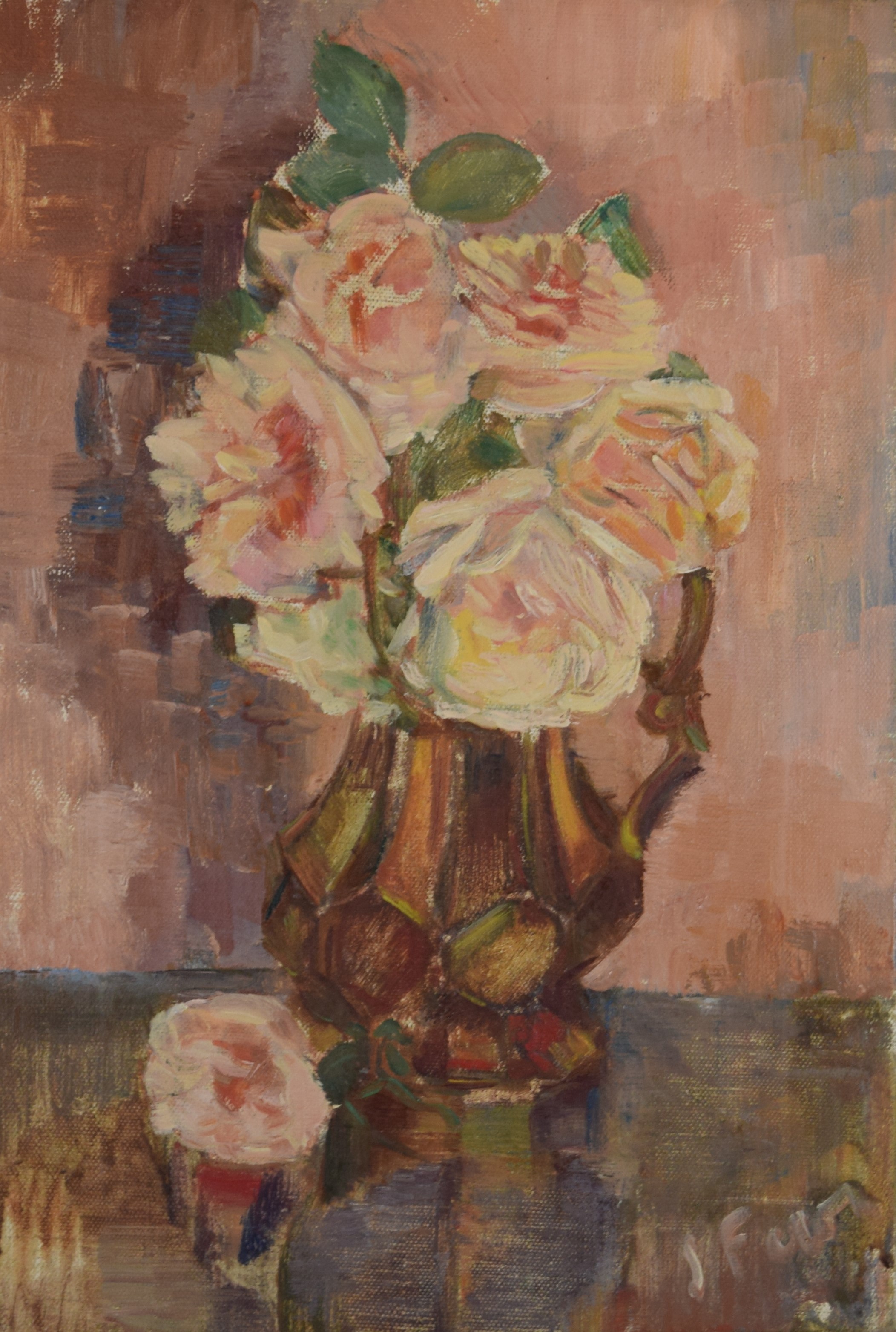 tableau Les roses Feron-Bauchier Sylvie fleurs,nature morte  huile toile 1re moiti 20e sicle