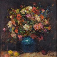 tableau Le bouquet Bastien Alfred fleurs,nature morte  huile panneau 1ère moitié 20e siècle