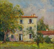 tableau La maison au soleil Bastien Alfred paysage  huile panneau 1ère moitié 20e siècle