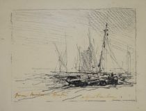 tableau Les bateaux Bastien Alfred marine  crayon papier 1ère moitié 20e siècle