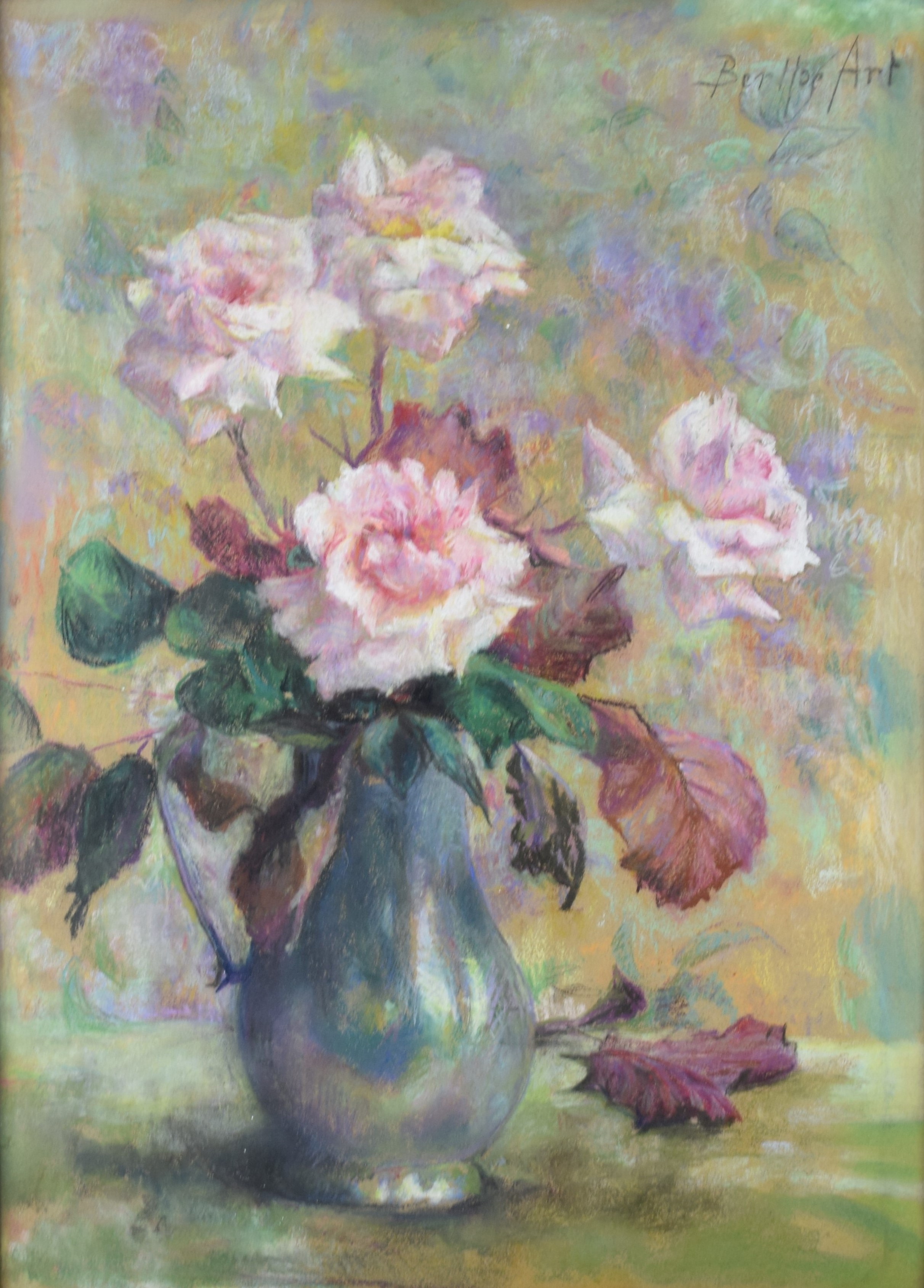 tableau Les roses Art Berthe fleurs,nature morte  pastel papier 1ère moitié 20e siècle